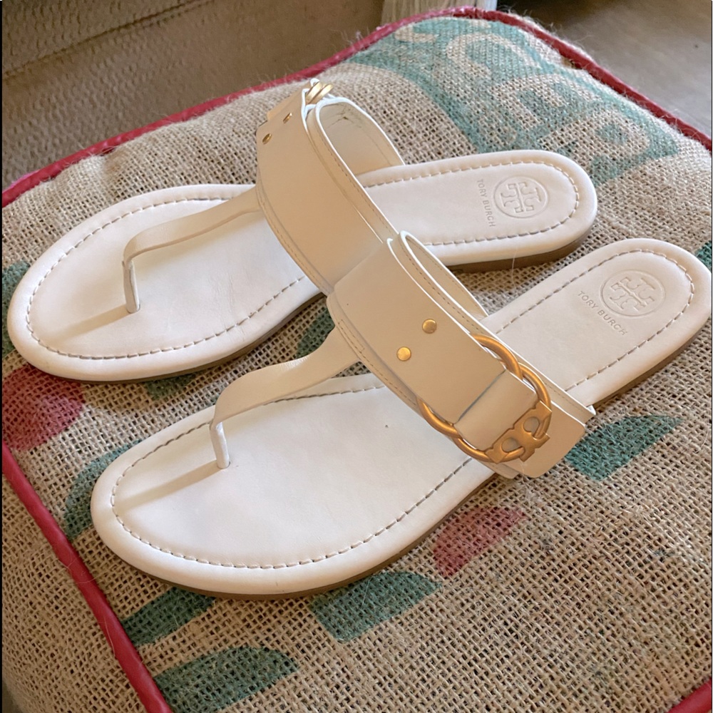 White Leather and Brushed Gold Tory Burch Sandals